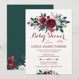 Invitación Fiesta de bebé de invierno floral verde pino de Bo