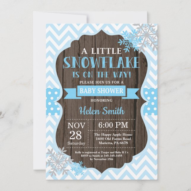 Invitación Fiesta de Bebé de Invierno Rústica Copo de Nieve A (Anverso)