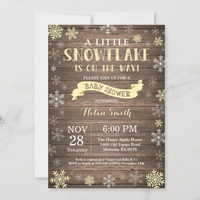 Invitación Fiesta de Bebé de Invierno Rústico Copo de Nieve A (Anverso)