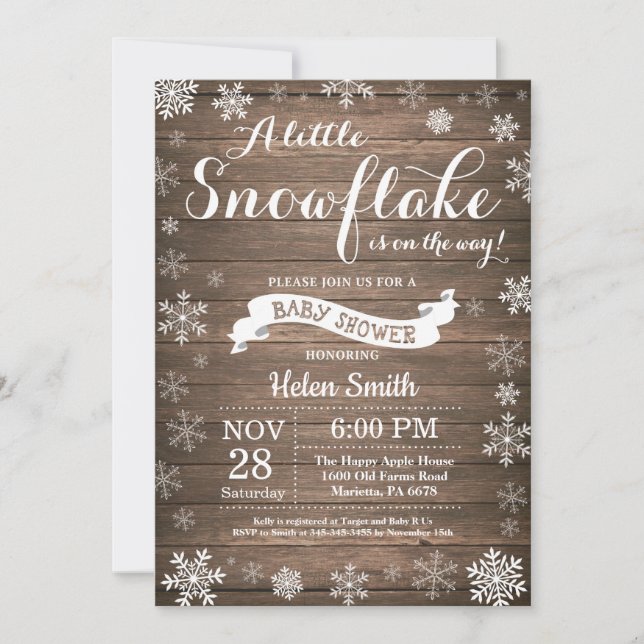Invitación Fiesta de Bebé de Invierno Rústico Copo de Nieve B (Anverso)