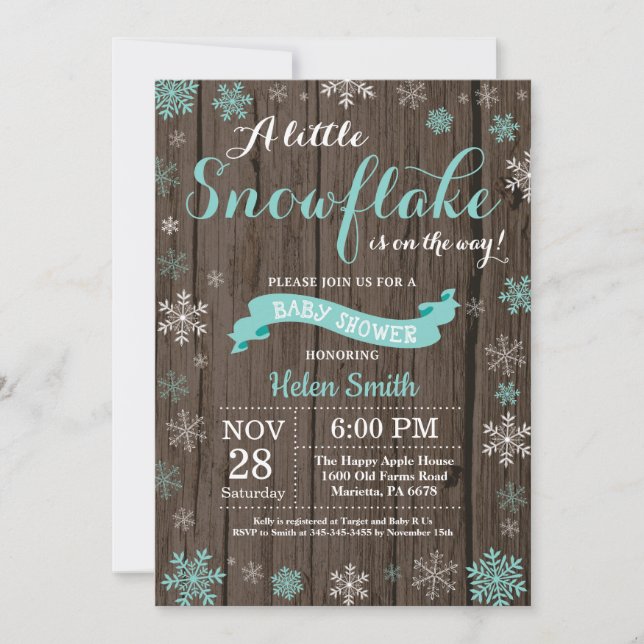 Invitación Fiesta de Bebé de Invierno Rústico Copo de Nieve B (Anverso)