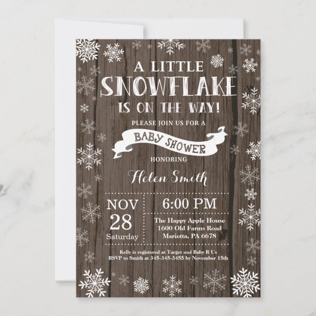 Invitación Fiesta de Bebé de Invierno Rústico Copo de Nieve B (Anverso)
