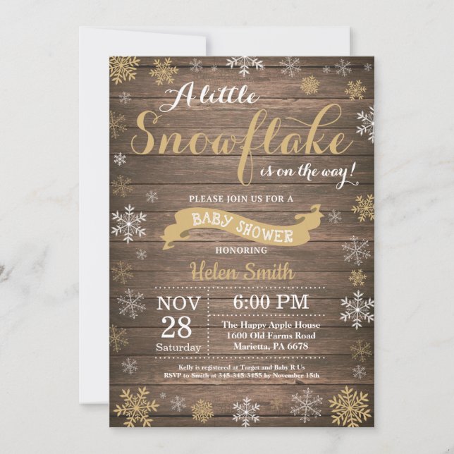 Invitación Fiesta de Bebé de Invierno Rústico Copo de Nieve D (Anverso)