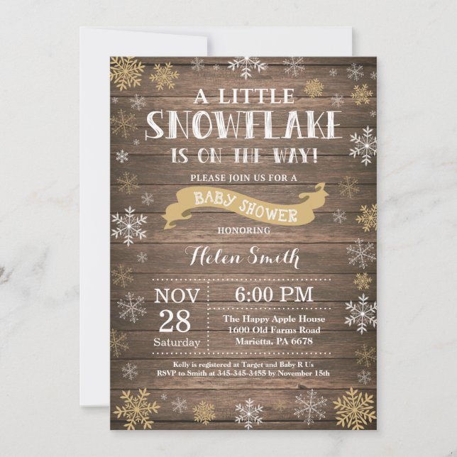 Invitación Fiesta de Bebé de Invierno Rústico Copo de Nieve D (Anverso)