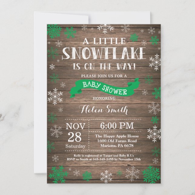 Invitación Fiesta de Bebé de Invierno Rústico Copo de Nieve R (Anverso)
