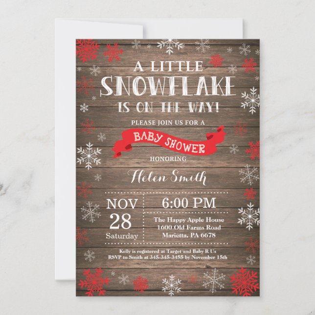 Invitación Fiesta de Bebé de Invierno Rústico Copo de Nieve R (Anverso)