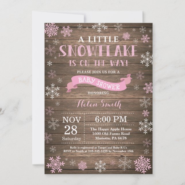 Invitación Fiesta de Bebé de Invierno Rústico Copo de Nieve R (Anverso)