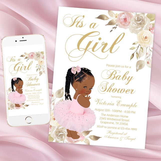 Invitación Fiesta de Bebé de la Princesa Africana Tutú de Oro (Pink Gold African Princess Baby Shower Invitation. Instant download - printed invitations available.)