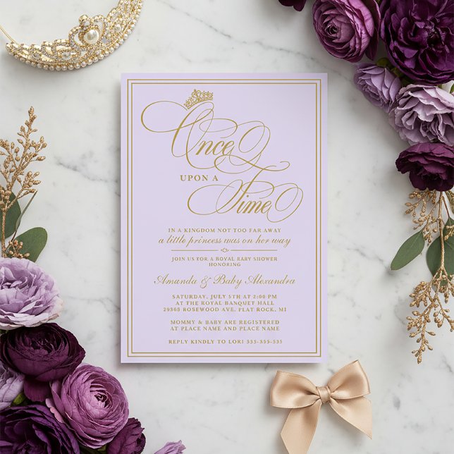 Invitación Fiesta de Bebé de la Princesa Érase Una Vez Morado (Purple and Gold Princess Baby Shower Invitation | Once Upon a Time Baby Shower Invite)