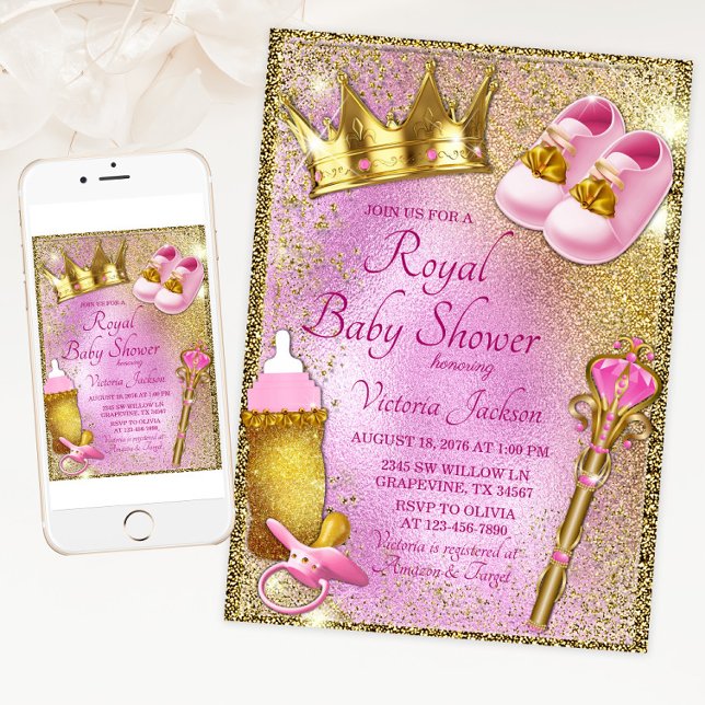Invitación Fiesta de Bebé de la Princesa Real Rosa Oro (Pink gold princess baby shower invitation with cute princess things. For print and download.)