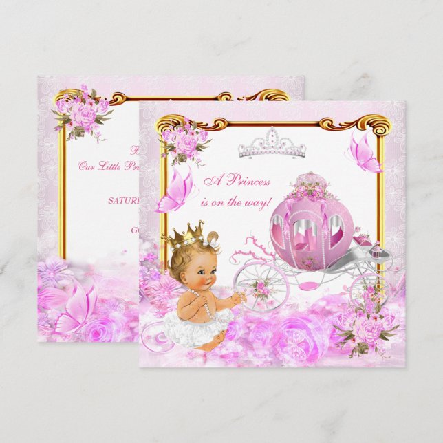 Invitación Fiesta de Bebé de la Princesa Rubia Carruaje Rosa  (Anverso / Reverso)