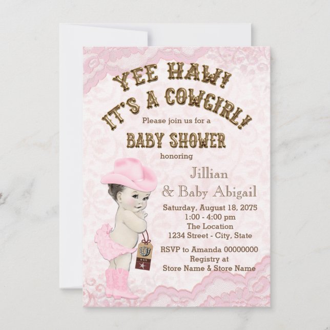 Invitación Fiesta de Bebé de la Vaquera Yee Haw (Anverso)