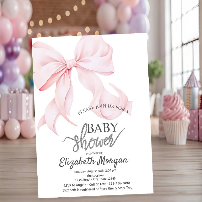 Invitación Fiesta de Bebé de Lazo Rosa Elegante con Rayas (Subido por el creador)