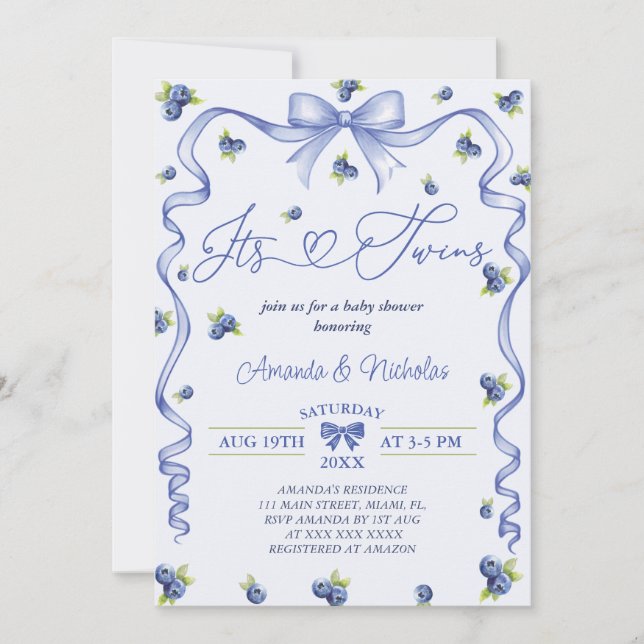 Invitación Fiesta de Bebé de los Gemelos Arándano (Anverso)