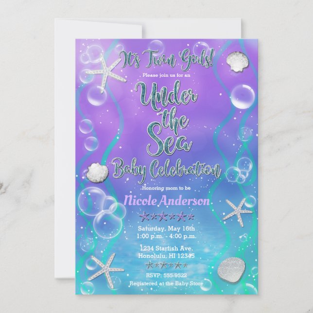 Invitación Fiesta de Bebé de los Gemelos Morados Mágicos Bajo (Anverso)