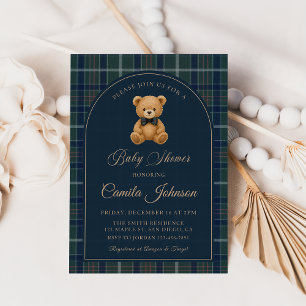 Invitación Fiesta de Bebé de Lujo con Oso de Peluche a Cuadro