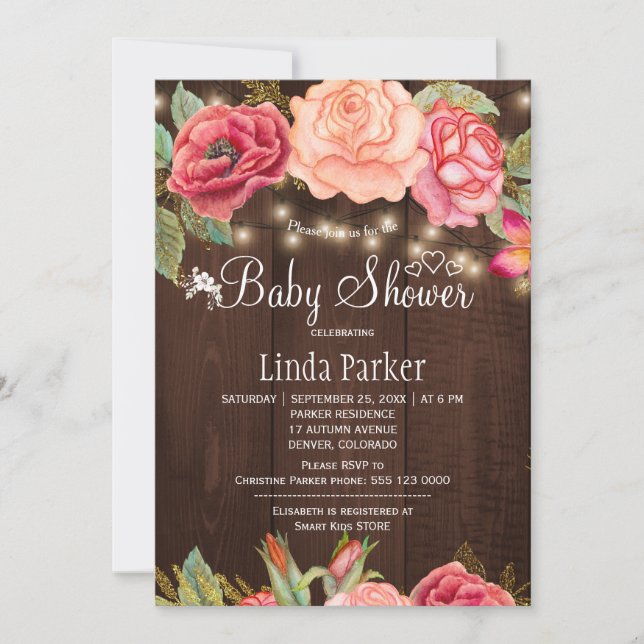 Invitación Fiesta de bebé de madera de granero floral rosa so (Anverso)