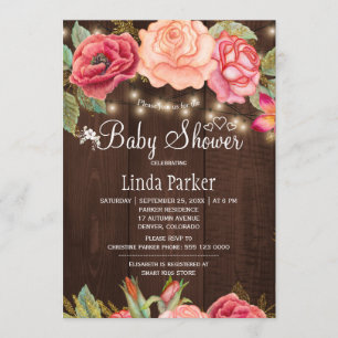 Invitación Fiesta de bebé de madera de granero floral rosa so