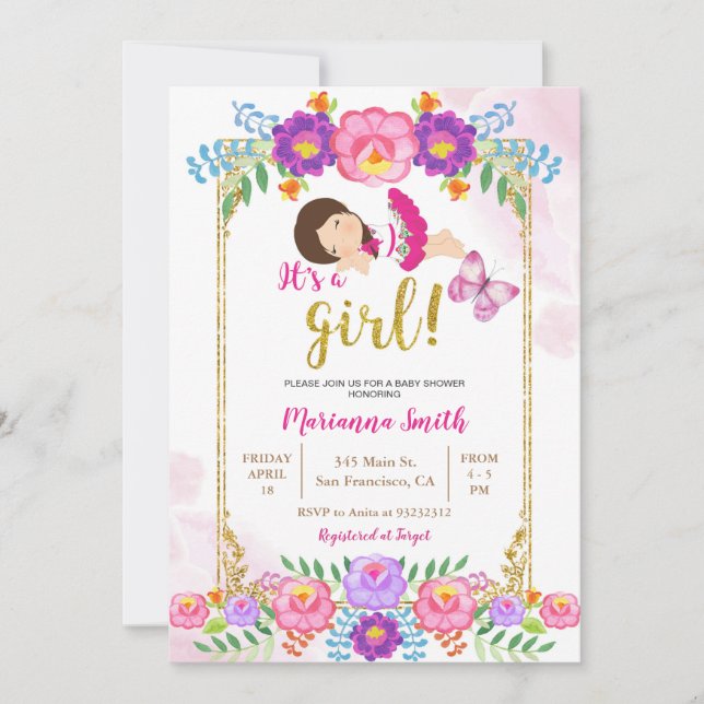 Invitación Fiesta de bebé de mariposa floral mexicana (Anverso)