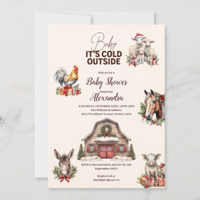Invitación Fiesta de Bebé de Navidad con Animales de Granja d (Anverso)