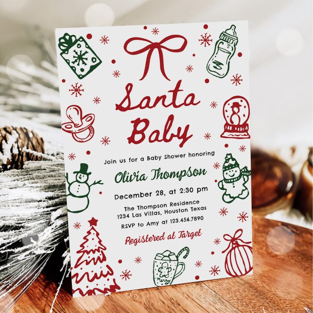Invitación Fiesta de Bebé de Navidad Dibujada a Mano Roja y V (Subido por el creador)