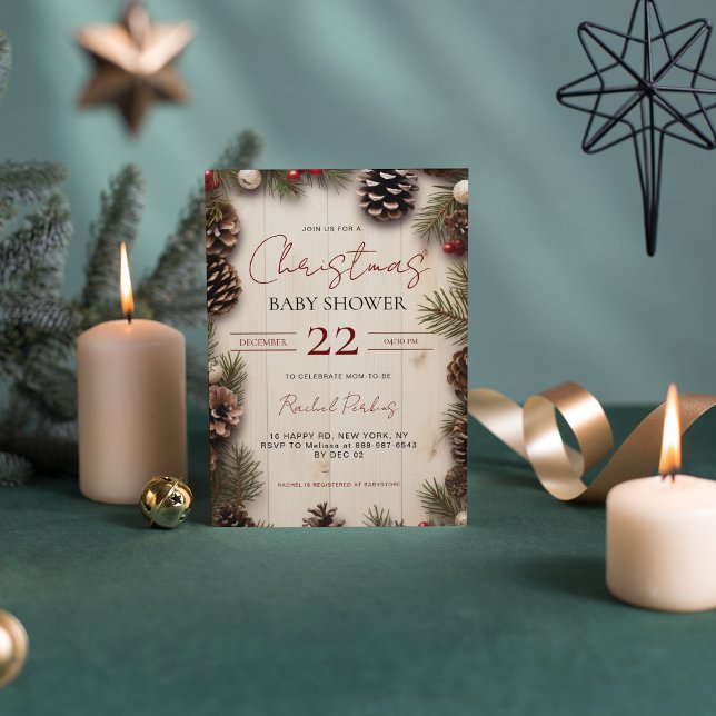 Invitación Fiesta de Bebé de Navidad Rústica con Piñas y Baya (Subido por el creador)