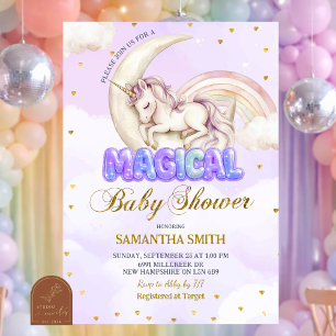 Invitación Fiesta de bebé de niña mágica Unicornio Púrpura