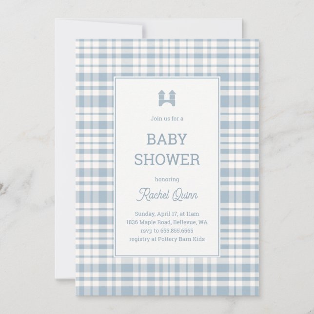 Invitación Fiesta de bebé de niño con estampado de gingham az (Anverso)