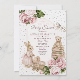 Invitación Fiesta de Bebé de osito de peluche conejito floral