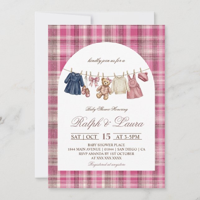 Invitación Fiesta de Bebé de Oso de Cuadros Rosa (Anverso)