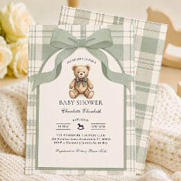 Invitación Fiesta de Bebé de Oso de Peluche a Cuadros Verde S