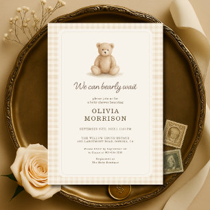 Invitación Fiesta de Bebé de Oso de Peluche con Cuadros Neutr