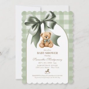 Invitación Fiesta de Bebé de Oso de Peluche Elegante Verde Sa