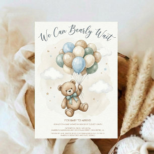 Invitación Fiesta de Bebé de Oso de Peluche Neutral con Globo