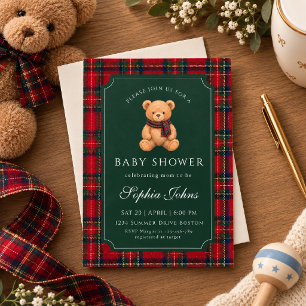 Invitación Fiesta de bebé de oso de peluche preppy de Navidad
