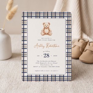Invitación Fiesta de Bebé de Oso de Peluche Vintage a Cuadros