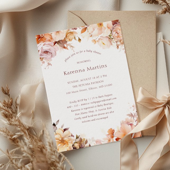 Invitación Fiesta de Bebé de Otoño con Flores Blancas Neutral (Subido por el creador)