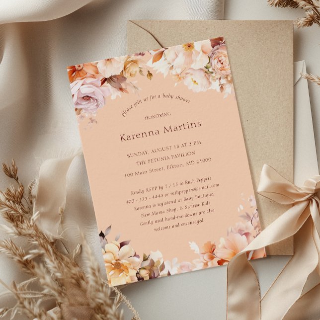 Invitación Fiesta de Bebé de Otoño Floral de Melocotón Neutro (Subido por el creador)