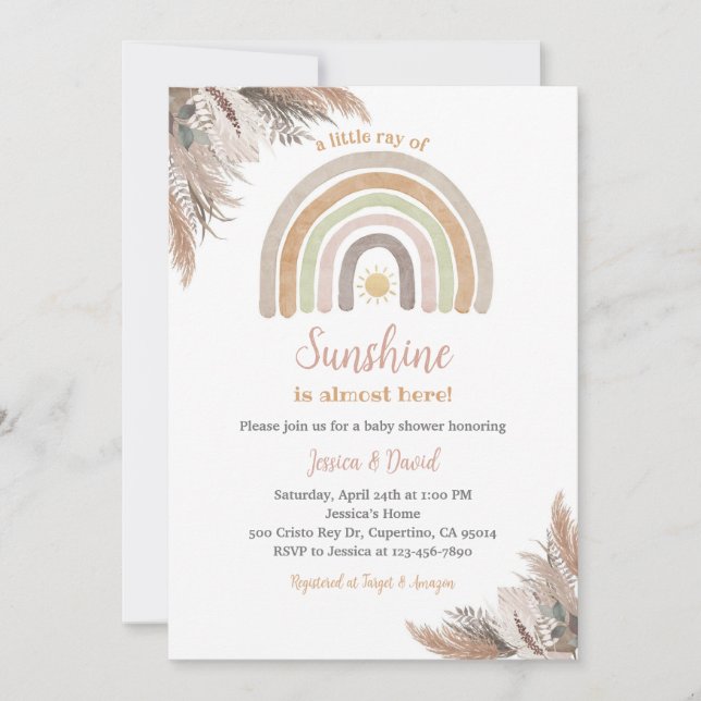 Invitación Fiesta de Bebé de Pampas de Arcoíris Boho (Anverso)