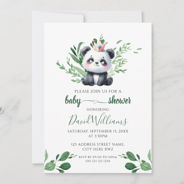 Invitación Fiesta de Bebé de Panda Adorable con Vegetación si (Anverso)