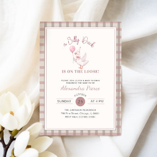 Invitación Fiesta de Bebé de Pato Tonto con Lazo Rosa y Cuadr