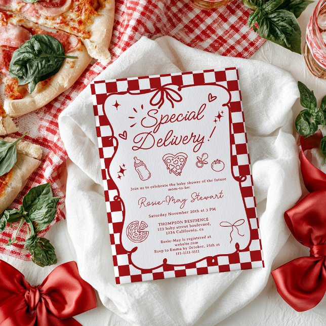 Invitación Fiesta de Bebé de Pizza Roja de Entrega Especial I (Special Delivery Italian Pizza Red Baby Shower Invitation)
