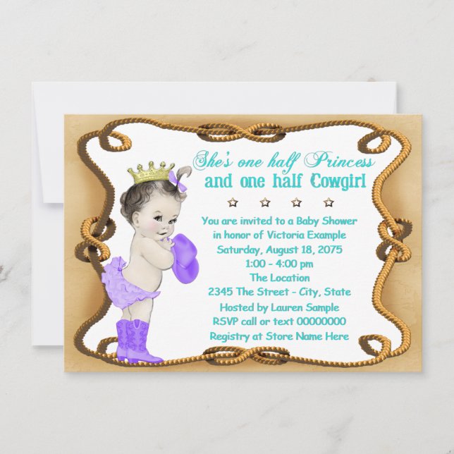 Invitación Fiesta de Bebé de Princesa Vaquera con Morado y Tu (Anverso)