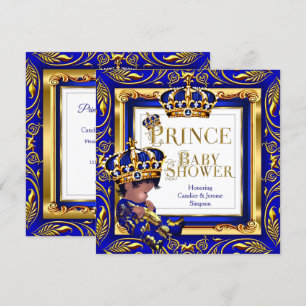 Invitación Fiesta de Bebé de Príncipe Real Corona Azul Dorada