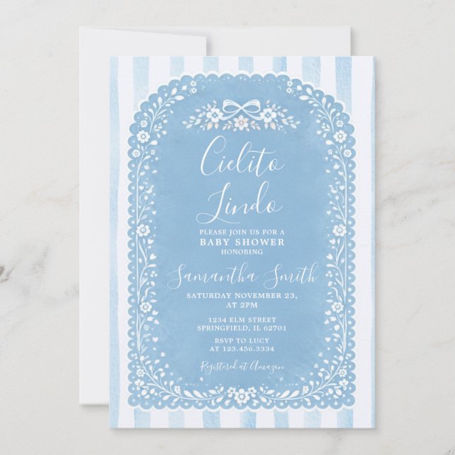 Invitación Fiesta de Bebé de Rayas Azules Cielito Lindo Talav (Anverso)
