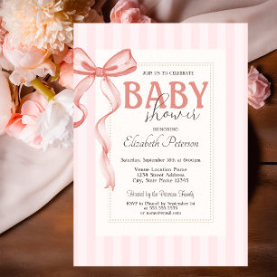 Invitación Fiesta de Bebé de Rayas con Lazo Rosa Chic
