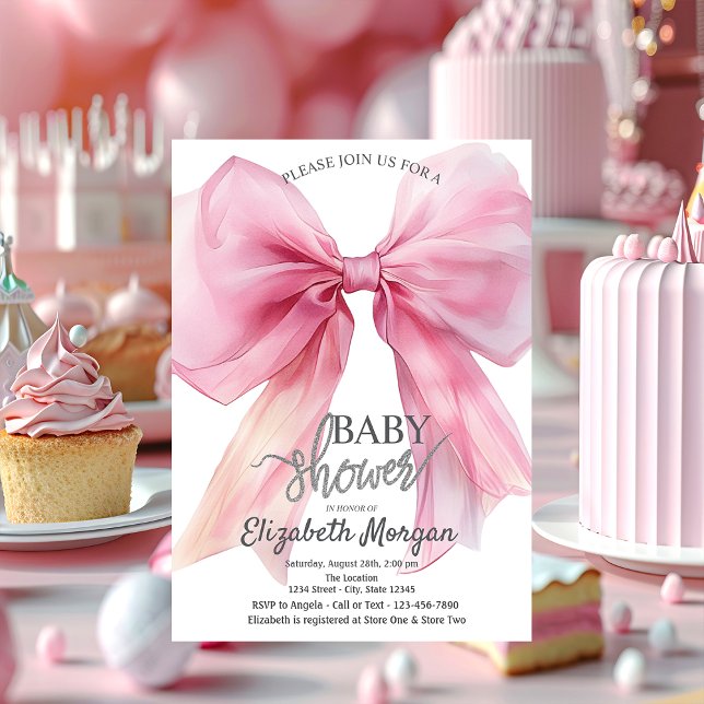 Invitación Fiesta de Bebé de Rayas con Lazo Rosa Chic (Subido por el creador)