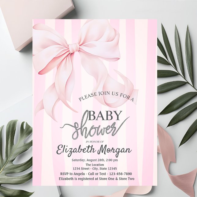 Invitación Fiesta de Bebé de Rayas Rosadas con Lazo Elegante (Subido por el creador)