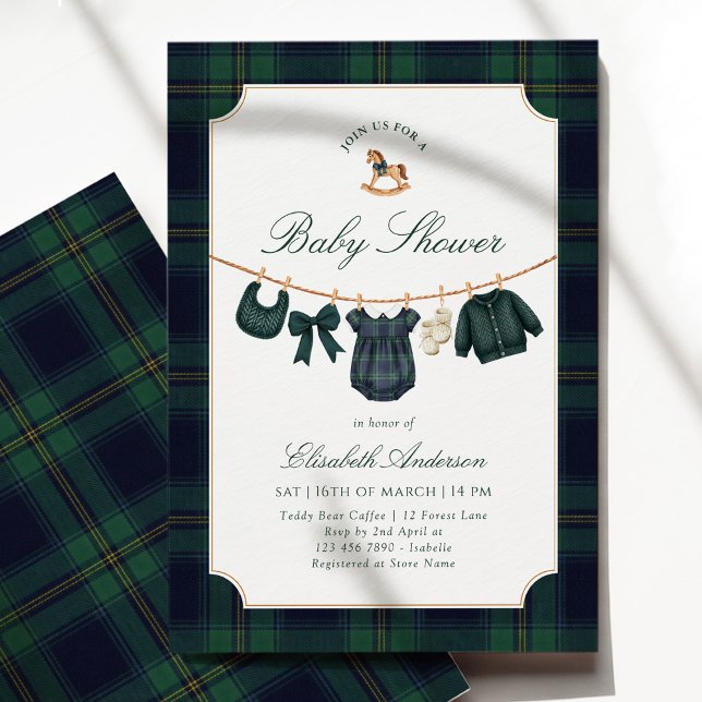 Invitación Fiesta de Bebé de Ropa Verde Clásica de Marina (Subido por el creador)