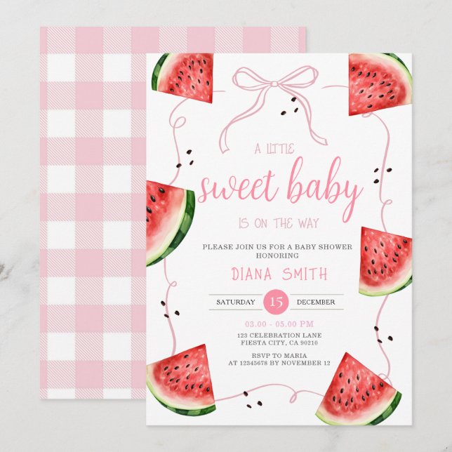 Invitación Fiesta de Bebé de Sandía con Lazo Rosa (Anverso / Reverso)